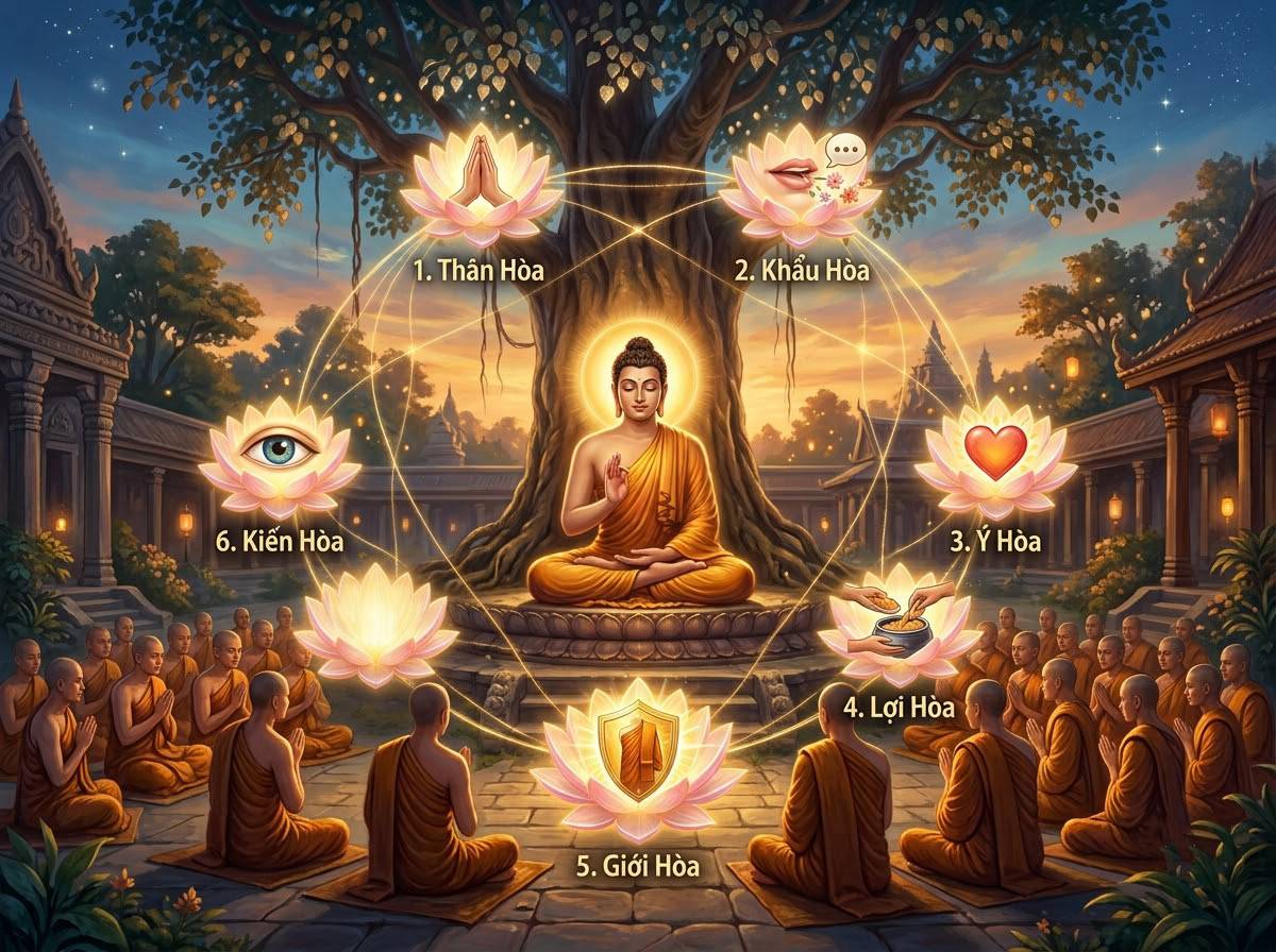 Đức Phật giảng giải 6 pháp hòa kính Lục Hòa tại tu viện Kosambi