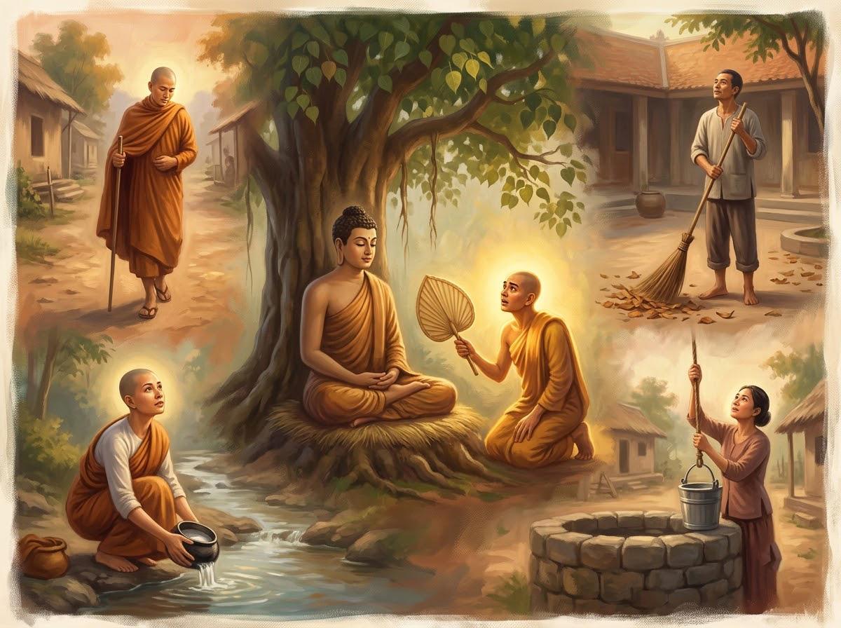 Tôn giả Xá Lợi Phất đứng sau quạt hầu Phật, tâm được giải thoát khỏi các lậu hoặc