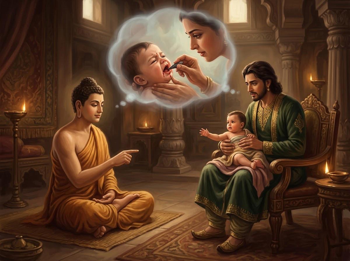 Tóm Tắt Kinh Vương Tử Vô Úy (Kinh Trung Bộ 58): Chánh Ngữ 2 Ví dụ Đức Phật móc mảnh sành trong miệng đứa trẻ cứu sống nó