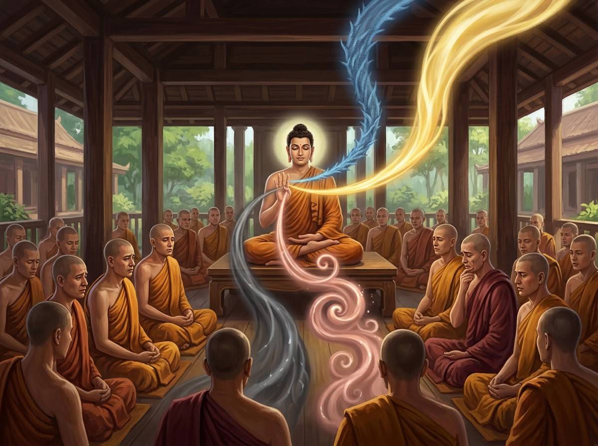 Đức Phật thuyết giảng về Bốn cách thọ trì pháp tu tập cho các vị Tỳ-kheo tại Kỳ Viên tịnh xá trong tiểu kinh pháp hành