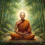 Đôi Mắt Mù Lòa Thấy Cả Tam Thiên Thế Giới — Sự Tích A Na Luật 13 Tôn giả A Na Luật mặc y vàng ngồi thiền tĩnh lặng trên tảng đá đôi mắt nhắm nghiền nhưng gương mặt toát lên hào quang thanh tịnh