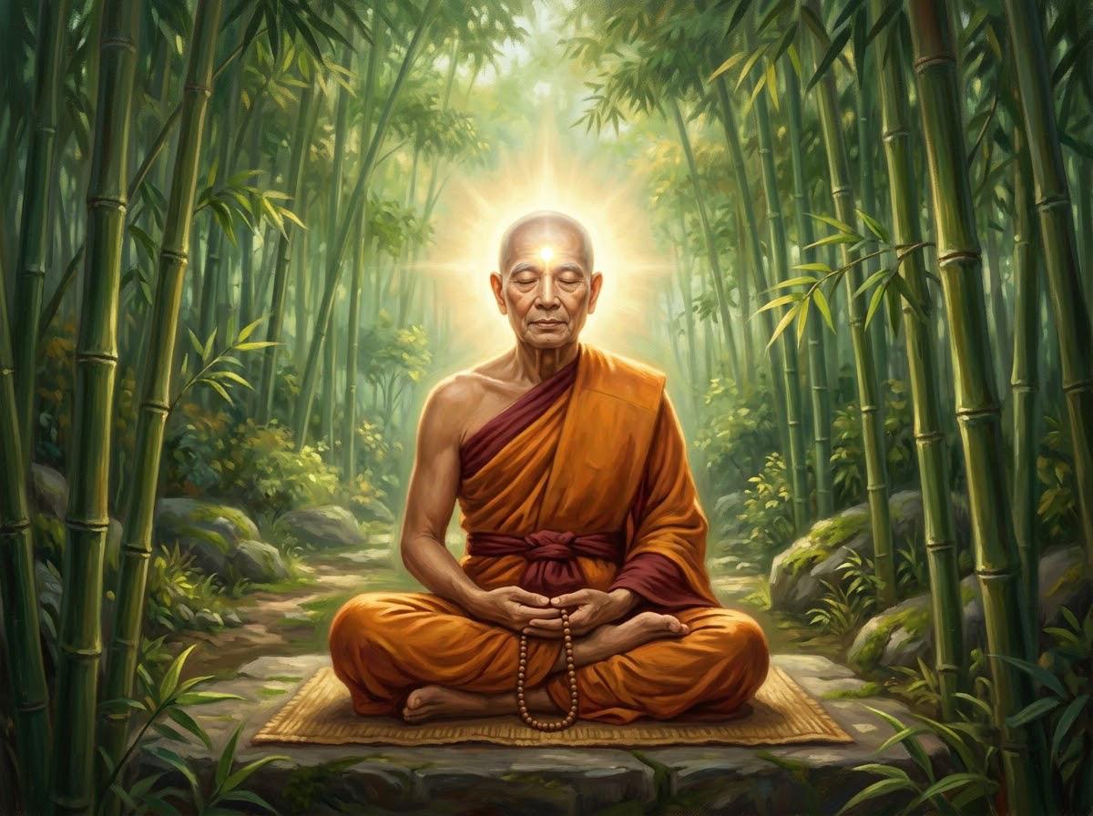 Tôn giả A Na Luật mặc y vàng ngồi thiền tĩnh lặng trên tảng đá đôi mắt nhắm nghiền nhưng gương mặt toát lên hào quang thanh tịnh