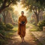 Người Đọc Đầu Mọi Bài Kinh Nhưng Đắc Đạo Muộn Nhất — Sự Tích Ngài A Nan 15 Tôn giả A Nan mặc y vàng đứng phía sau Đức Phật, tay bưng bát khất thực, ánh sáng chiều dịu chiếu qua rừng cây