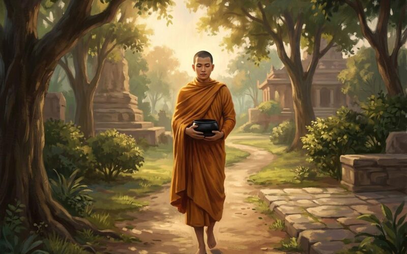 Người Đọc Đầu Mọi Bài Kinh Nhưng Đắc Đạo Muộn Nhất — Sự Tích Ngài A Nan 2 Tôn giả A Nan mặc y vàng đứng phía sau Đức Phật, tay bưng bát khất thực, ánh sáng chiều dịu chiếu qua rừng cây