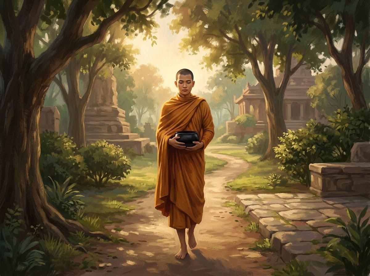 Người Đọc Đầu Mọi Bài Kinh Nhưng Đắc Đạo Muộn Nhất — Sự Tích Ngài A Nan 1 Tôn giả A Nan mặc y vàng đứng phía sau Đức Phật, tay bưng bát khất thực, ánh sáng chiều dịu chiếu qua rừng cây