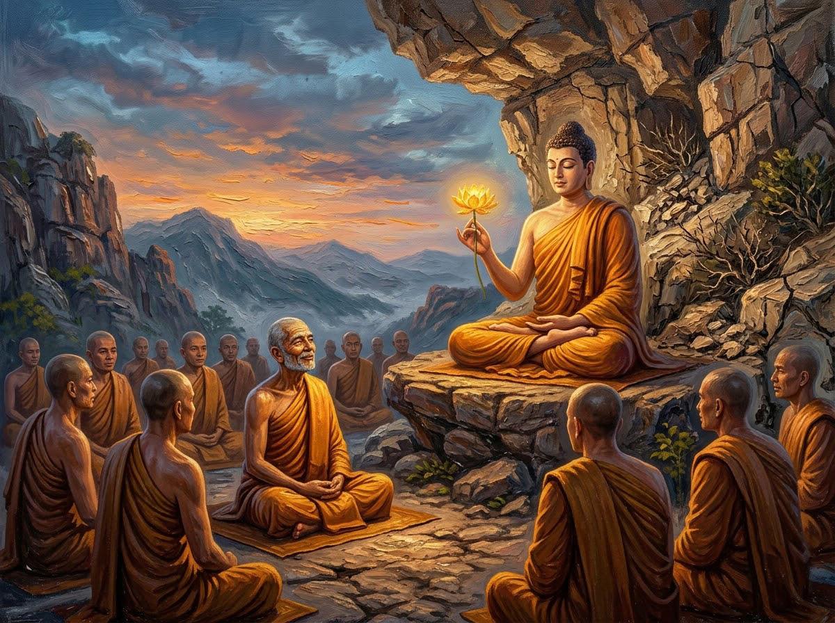 Nụ Cười Duy Nhất Giữa Ngàn Người Im Lặng — Sự Tích Đại Ca Diếp 1 Tôn giả Đại Ca Diếp mặc y phấn tảo cũ mỉm cười khi Đức Phật đưa lên cành hoa giữa đại chúng trên núi Linh Thứu