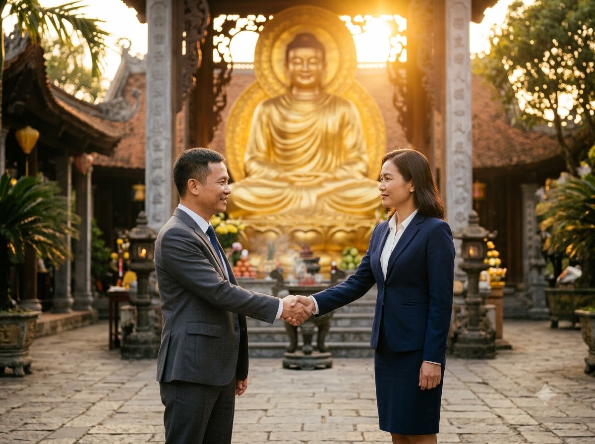 Hai doanh nhân bắt tay trước tượng Phật — chọn đối tác kinh doanh chuẩn nhân quả