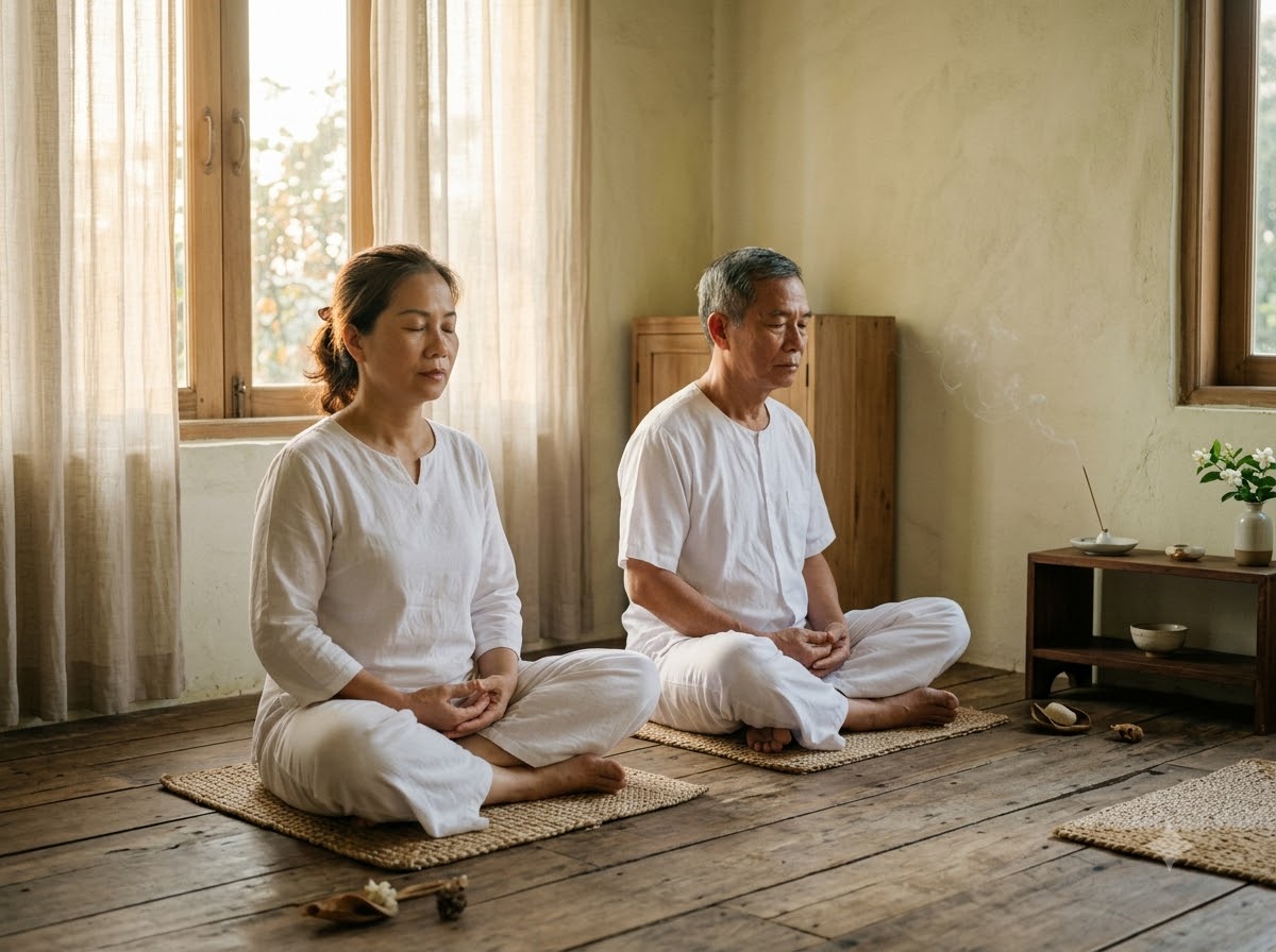 Hai người ngồi thiền cạnh nhau trước khi họp — thực hành chánh niệm trong kinh doanh