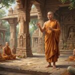 Bậc Thầy Biện Luận Và Giảng Giải Kinh Điển — Sự Tích Ca Chiên Diên 11 Tôn giả Ca Chiên Diên mặc y vàng trang nghiêm đứng thuyết giảng với phong thái đĩnh đạc chỉ tay phân tích bài pháp cho chư tỳ kheo