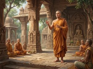 Bậc Thầy Biện Luận Và Giảng Giải Kinh Điển — Sự Tích Ca Chiên Diên 10 Tôn giả Ca Chiên Diên mặc y vàng trang nghiêm đứng thuyết giảng với phong thái đĩnh đạc chỉ tay phân tích bài pháp cho chư tỳ kheo