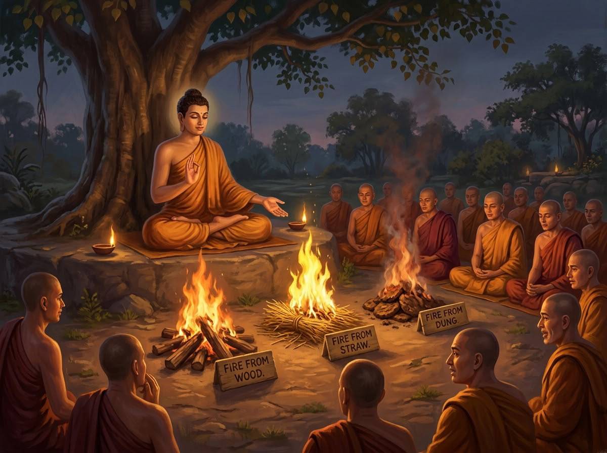 Tóm Tắt Đại Kinh Đoạn Tận Ái - Kinh Trung Bộ 38: 12 Nhân Duyên Và Luân Hồi 2 Đức Phật dùng ví dụ ngọn lửa do duyên nhiên liệu để giải thích Thức Duyên Sinh trong đại kinh đoạn tận ái