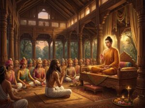 Saccaka cùng hội chúng vương tôn Licchavi tham vấn Đức Phật tại Giảng đường Trùng Các trong đại kinh saccaka