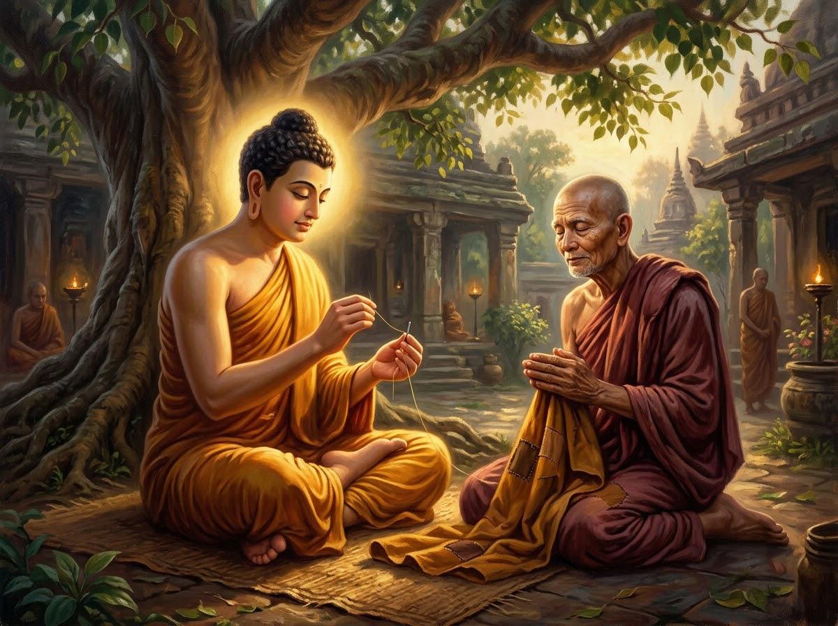 Đức Phật Thích Ca ngồi dưới bóng cây bình dị cầm chiếc kim khâu xâu sợi chỉ nhỏ vá áo cho người đệ tử mù A Na Luật
