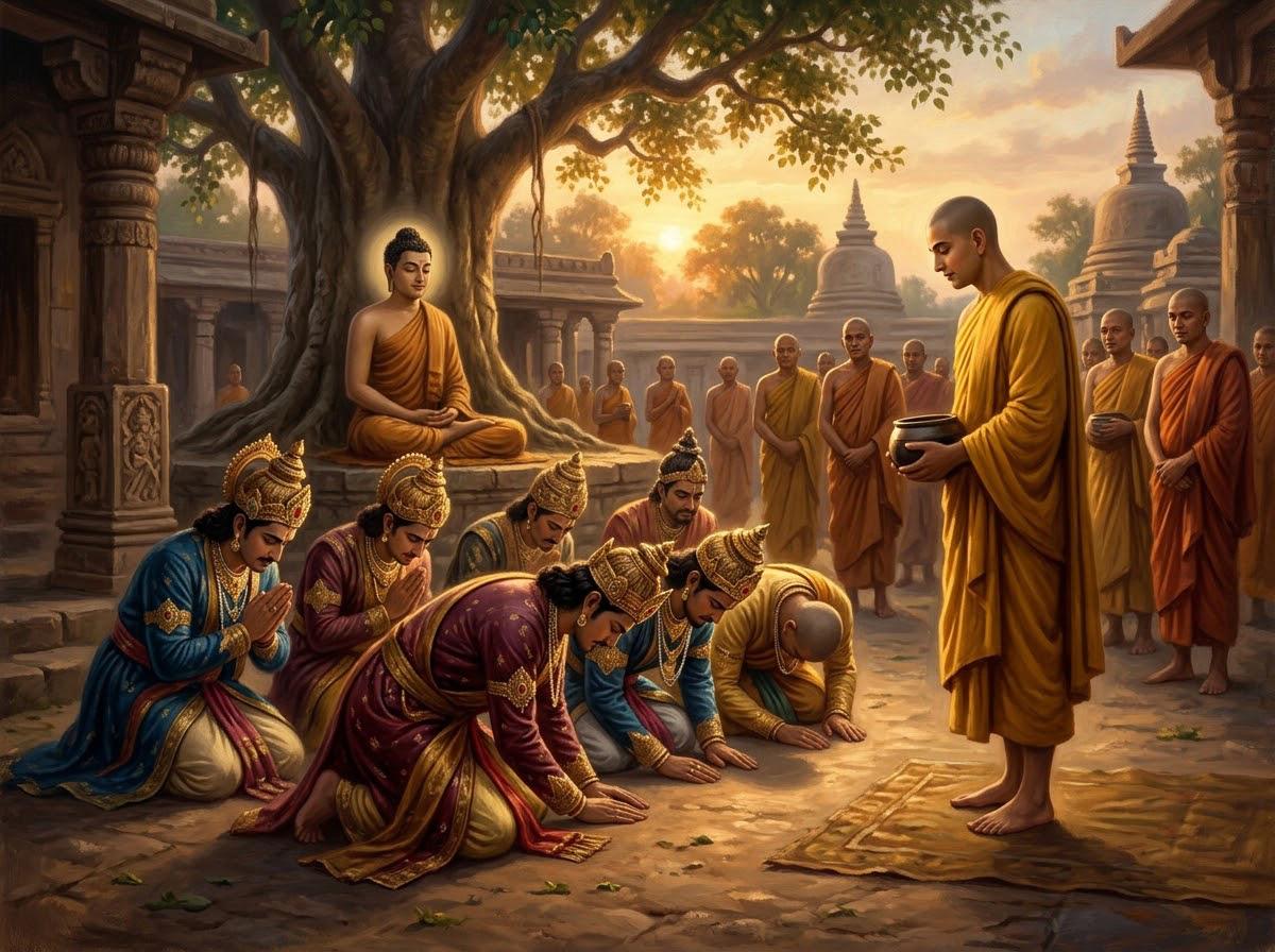 Từ Chàng Thợ Cạo Đến Bậc Trì Giới Đệ Nhất — Sự Tích Ưu Ba Ly 2 Sáu vị hoàng tử họ Thích Ca mặc áo cà sa đang quỳ gối chắp tay đảnh lễ Tôn giả Ưu Ba Ly trước sự chứng minh từ ái của Đức Phật