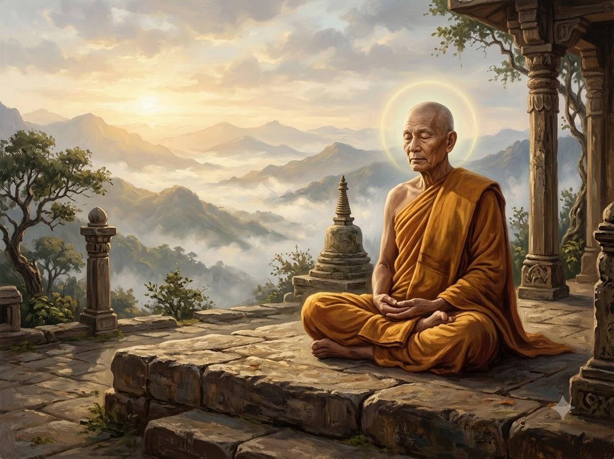 Tôn giả A Na Luật ngồi tĩnh tọa thanh tịnh trên vách đá với vầng hào quang thiên nhãn ngời sáng