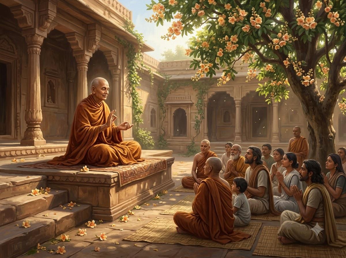 Bậc Thầy Biện Luận Và Giảng Giải Kinh Điển — Sự Tích Ca Chiên Diên 3 Tôn giả Ca Chiên Diên ngồi điềm đạm giảng giải đạo lý phân minh cho thính chúng trong sân tự viện