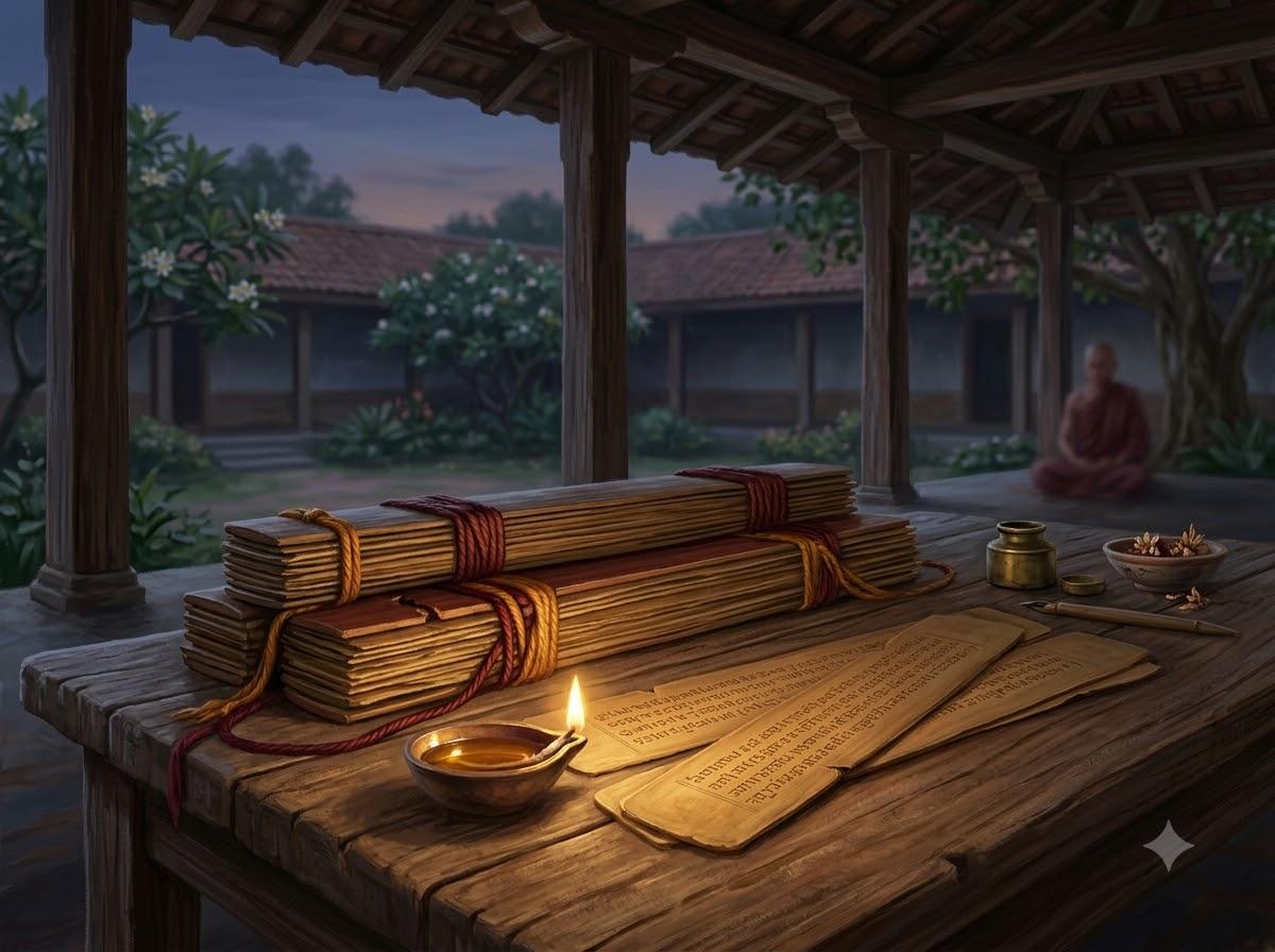 Người Đọc Đầu Mọi Bài Kinh Nhưng Đắc Đạo Muộn Nhất — Sự Tích Ngài A Nan 3 Những cuốn kinh lá bối cổ được sắp xếp trang trọng bên ngọn đèn dầu ấm áp trong thiền tự