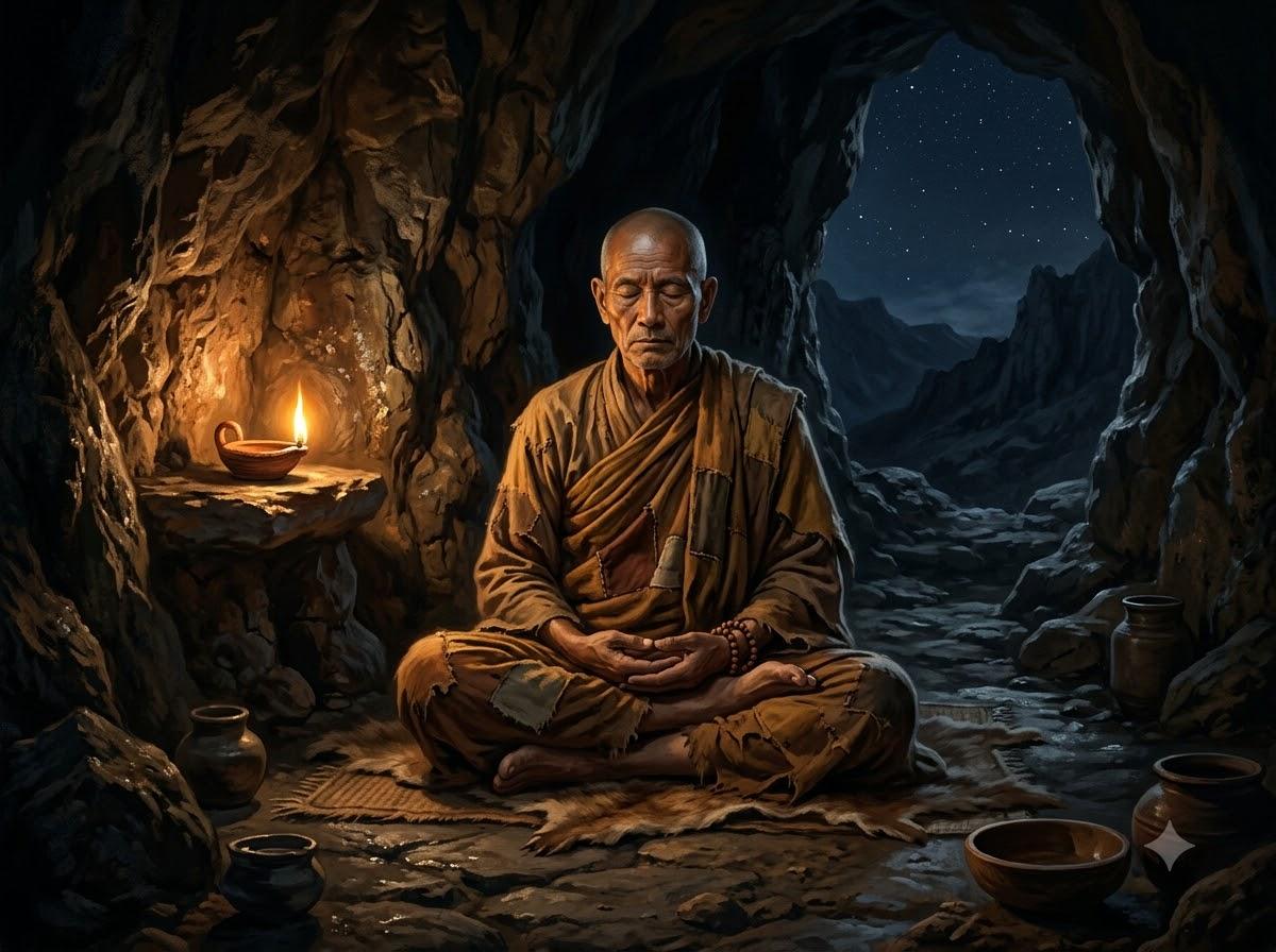 Nụ Cười Duy Nhất Giữa Ngàn Người Im Lặng — Sự Tích Đại Ca Diếp 3 Tôn giả Đại Ca Diếp khoác y phấn tảo ngồi thiền định an tịnh trong hang đá bên ngọn đèn dầu