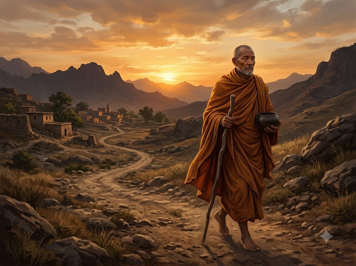 Tôn giả Phú Lâu Na cầm gậy thiền vững chãi và từ ái bước đi trên con đường hoàng hôn đi giáo hóa