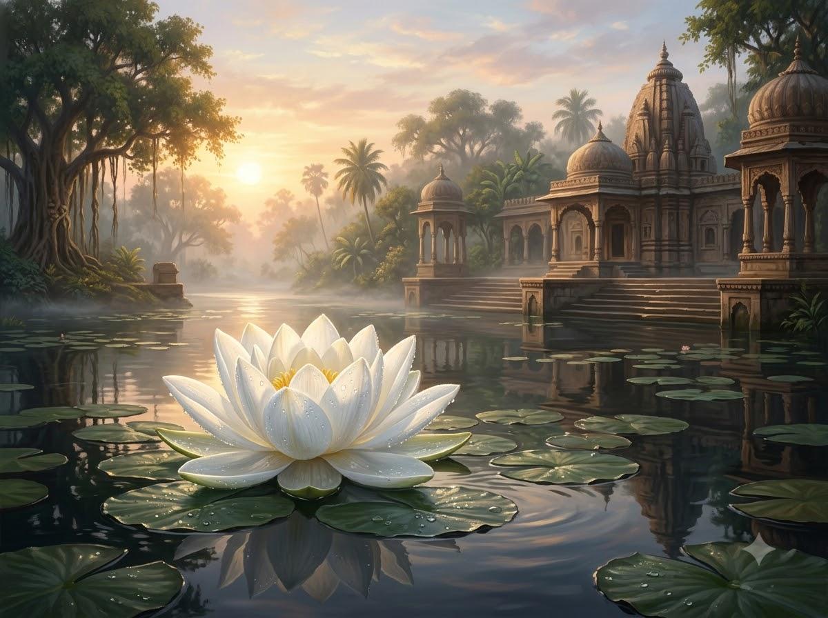 Mười Mảnh Ghép Hoàn Hảo Của Tăng Đoàn — Thập Đại Đệ Tử Của Đức Phật 3 Hoa sen trắng tinh khôi nở rộ trên mặt hồ nước tĩnh lặng trong khuôn viên chùa cổ lúc bình minh biểu tượng của sự hòa hợp và thanh tịnh
