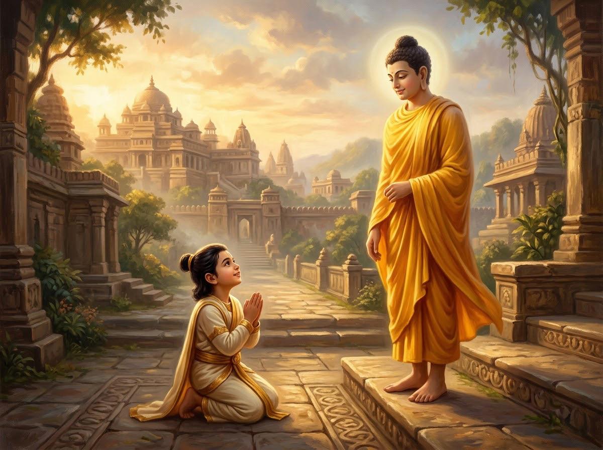 Cậu bé La Hầu La chắp tay ngước nhìn Đức Phật từ ái đang đứng uy nghiêm trong chiếc áo cà sa vàng rực rỡ