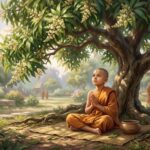 Vị Sa Di Đầu Tiên Và Bài Học Chiếc Chậu Nước — Sự Tích La Hầu La 10 Tôn giả La Hầu La trẻ tuổi mặc y vàng trang nghiêm phong thái khiêm cung an tịnh ngồi thiền định dưới gốc cây