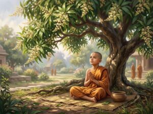 Vị Sa Di Đầu Tiên Và Bài Học Chiếc Chậu Nước — Sự Tích La Hầu La 6 Tôn giả La Hầu La trẻ tuổi mặc y vàng trang nghiêm phong thái khiêm cung an tịnh ngồi thiền định dưới gốc cây