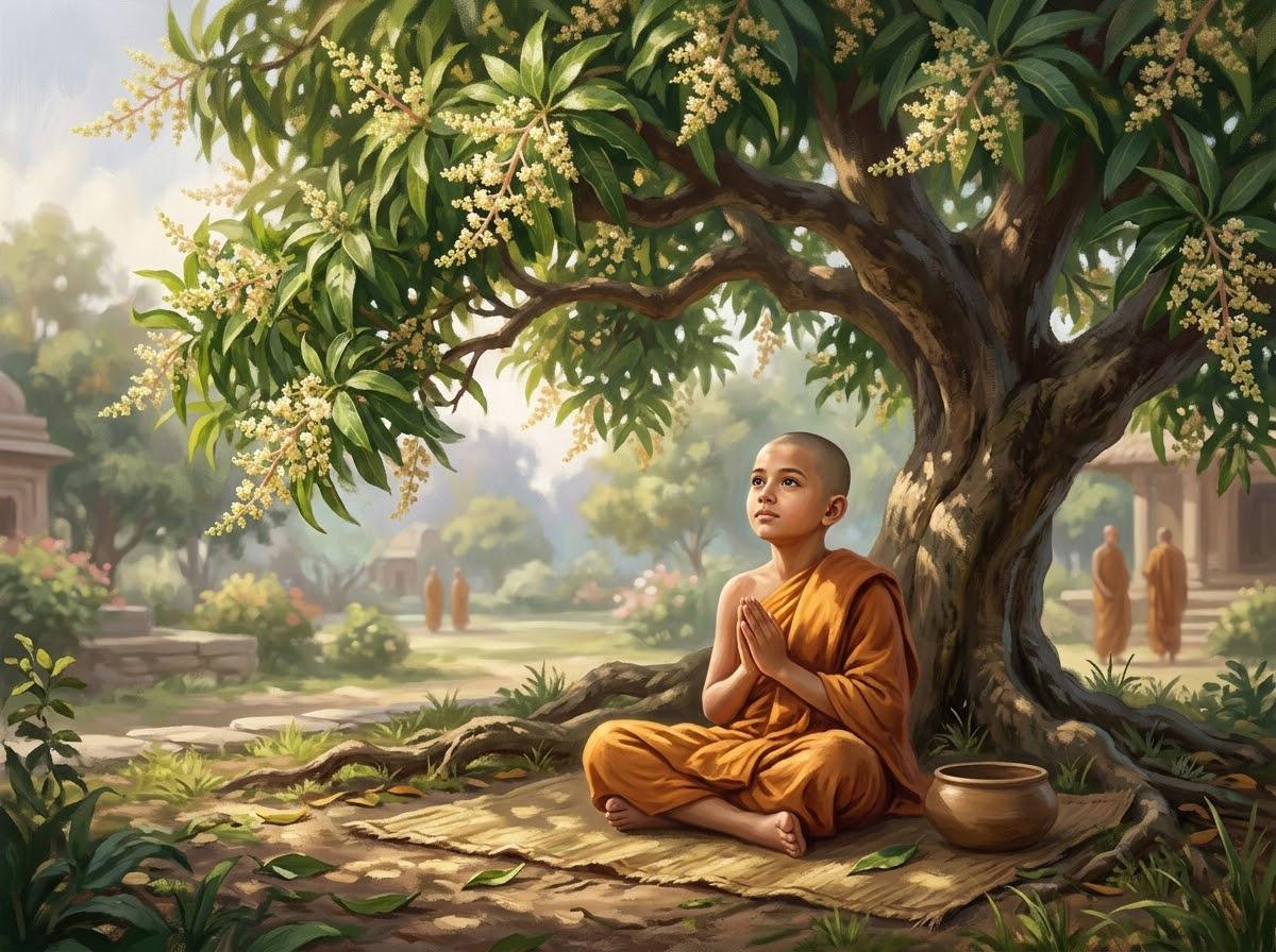 Tôn giả La Hầu La trẻ tuổi mặc y vàng trang nghiêm phong thái khiêm cung an tịnh ngồi thiền định dưới gốc cây