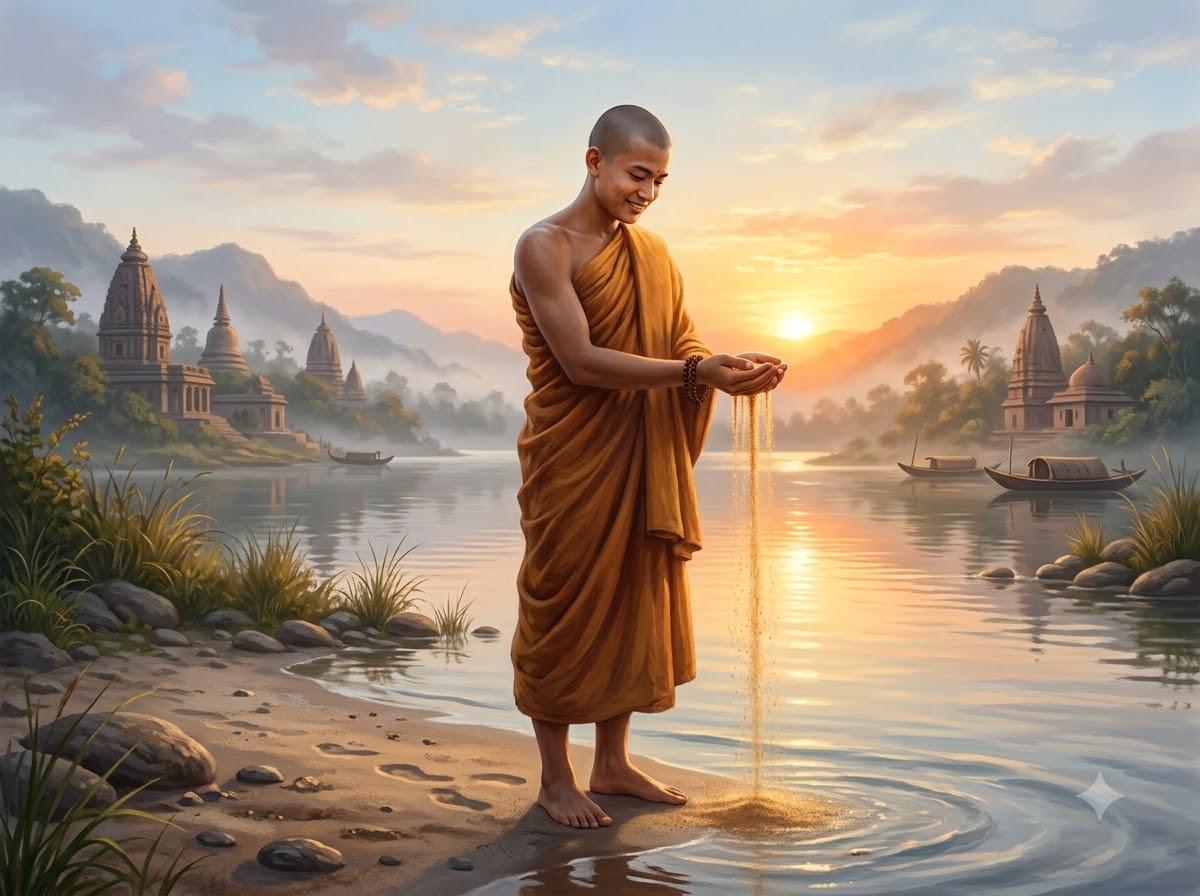 Vị sa di trẻ La Hầu La thả từng nắm cát xuống bờ sông lúc bình minh thể hiện tâm nguyện học hỏi không ngừng