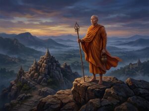 Thần Thông Bậc Nhất Vẫn Không Cứu Nổi Mẹ — Sự Tích Mục Kiền Liên 5 Tôn giả Mục Kiền Liên mặc y vàng trang nghiêm phong thái trầm tĩnh ngời sáng thần thông bên cạnh Đức Phật