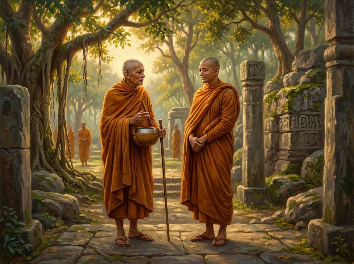 Tôn giả Phú Lâu Na khoác y vàng đứng thẳng thắn đối thoại trong hòa khí cùng Tôn giả Đại Ca Diếp sau kỳ kết tập kinh điển