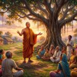 Vị Thừa Sai Vô Úy Xứ Dã Man — Sự Tích Tôn Giả Phú Lâu Na 12 Tôn giả Phú Lâu Na mặc y vàng đứng trang nghiêm giữa đám đông người dân bản địa gương mặt toát lên vẻ từ ái và dũng cảm vô úy