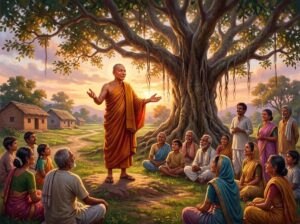 Vị Thừa Sai Vô Úy Xứ Dã Man — Sự Tích Tôn Giả Phú Lâu Na 12 Tôn giả Phú Lâu Na mặc y vàng đứng trang nghiêm giữa đám đông người dân bản địa gương mặt toát lên vẻ từ ái và dũng cảm vô úy