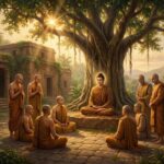 Mười Mảnh Ghép Hoàn Hảo Của Tăng Đoàn — Thập Đại Đệ Tử Của Đức Phật 19 Mười vị đại đệ tử mặc y vàng trang nghiêm đứng quây quần lắng nghe Đức Phật thuyết pháp dưới cội cây rừng