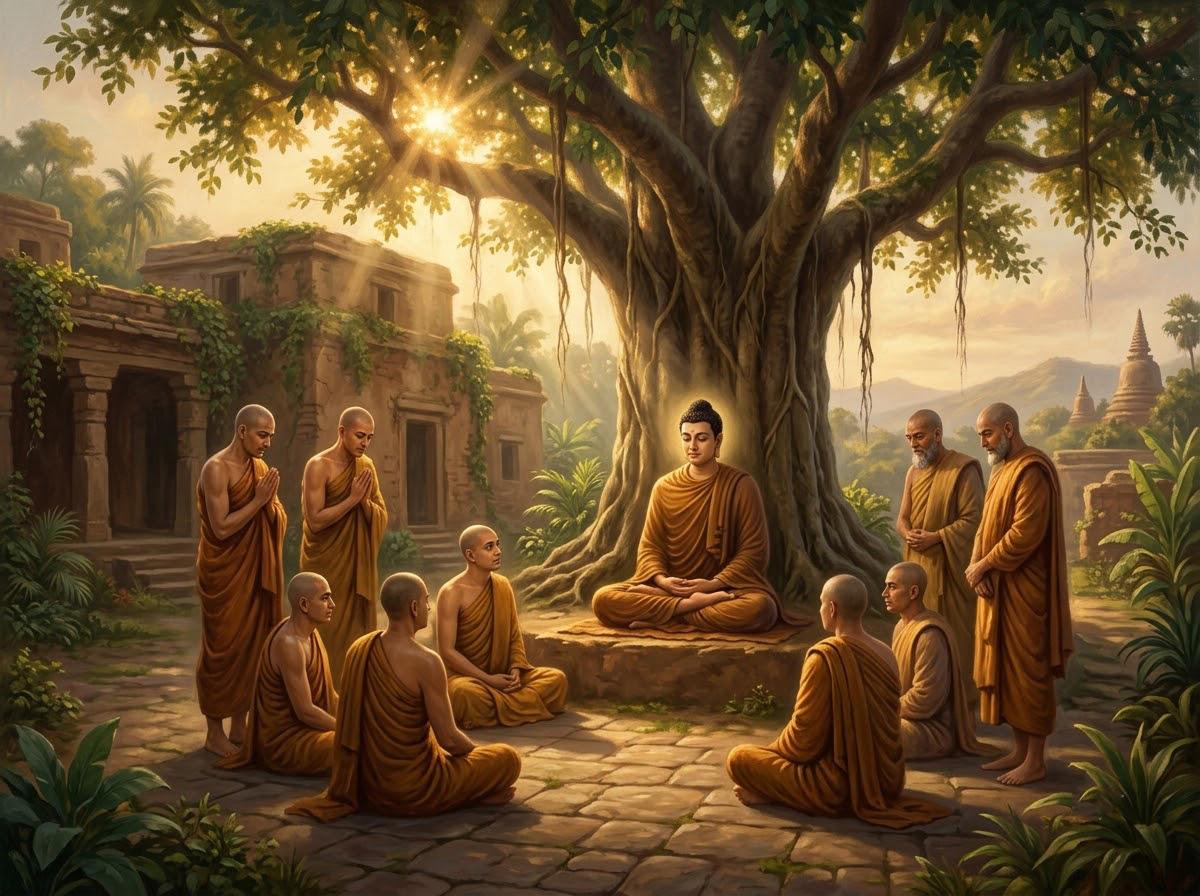 Mười Mảnh Ghép Hoàn Hảo Của Tăng Đoàn — Thập Đại Đệ Tử Của Đức Phật 1 Thập đại đại đệ tử mặc y vàng trang nghiêm đứng quây quần lắng nghe Đức Phật thuyết pháp dưới cội cây rừng