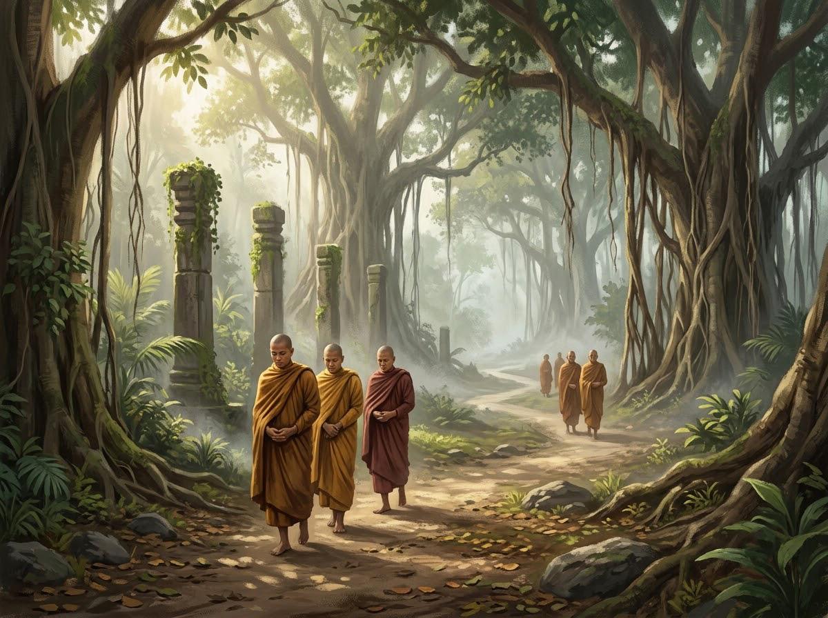 Mười Mảnh Ghép Hoàn Hảo Của Tăng Đoàn — Thập Đại Đệ Tử Của Đức Phật 2 Thập đại đệ tử trong Tăng đoàn khoác y vàng lặng lẽ đi kinh hành từng nhóm nhỏ trong rừng cây dưới chân núi Linh Thứu