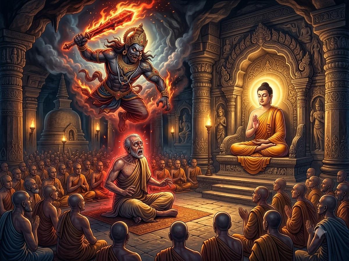 Tóm Tắt Tiểu Kinh Saccaka - Kinh Trung Bộ 35: Vô Thường, Khổ Và Vô Ngã 2 Dạ-xoa Kim Cang Thủ giơ chùy sắt cháy đỏ đe dọa Saccaka trên không trung trong tiểu kinh saccaka