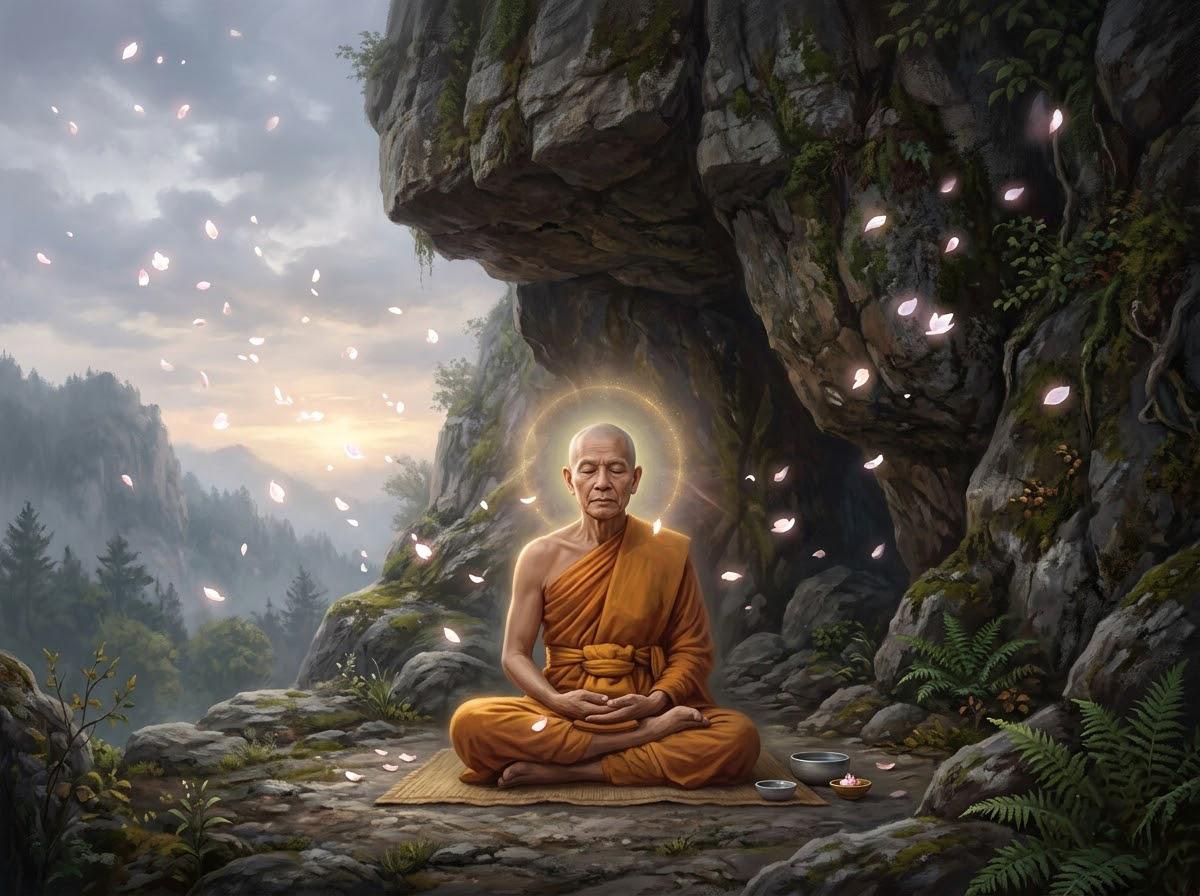 Bậc Thầy Thấu Triệt Tánh Không — Sự Tích Tôn Giả Tu Bồ Đề 2 Tôn giả Tu Bồ Đề ngồi thiền an nhiên trong hang đá trên vách núi giữa cơn mưa hoa trời rơi lả tả chung quanh