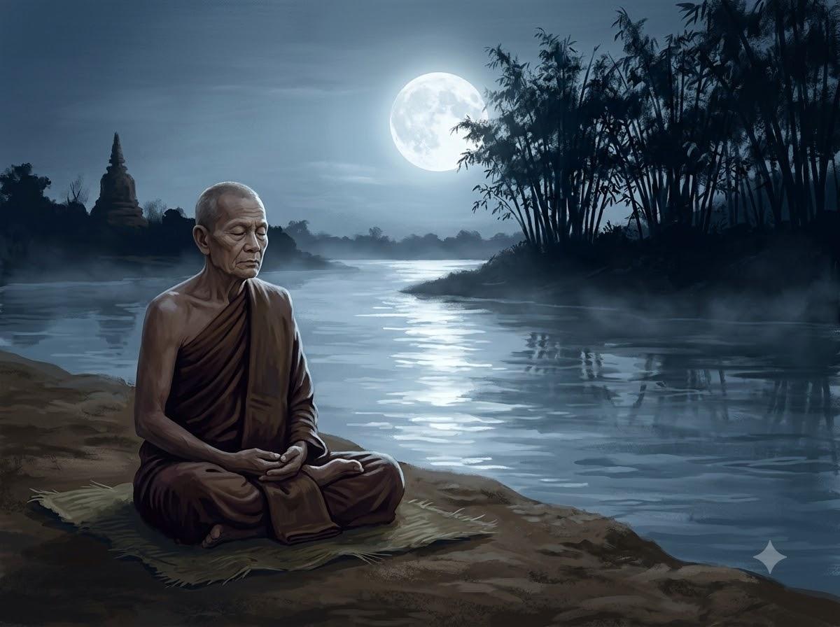 Từ Chàng Thợ Cạo Đến Bậc Trì Giới Đệ Nhất — Sự Tích Ưu Ba Ly 3 Tôn giả Ưu Ba Ly ngồi thiền định tĩnh tại bên dòng sông dưới ánh trăng rằm biểu tượng của giới luật thanh tịnh