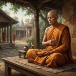 Từ Chàng Thợ Cạo Đến Bậc Trì Giới Đệ Nhất — Sự Tích Ưu Ba Ly 11 Tôn giả Ưu Ba Ly mặc y vàng trang nghiêm phong thái uy nghiêm đĩnh đạc đang ngồi kiết già trì tụng luật tạng
