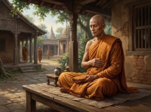 Từ Chàng Thợ Cạo Đến Bậc Trì Giới Đệ Nhất — Sự Tích Ưu Ba Ly 8 Tôn giả Ưu Ba Ly mặc y vàng trang nghiêm phong thái uy nghiêm đĩnh đạc đang ngồi kiết già trì tụng luật tạng