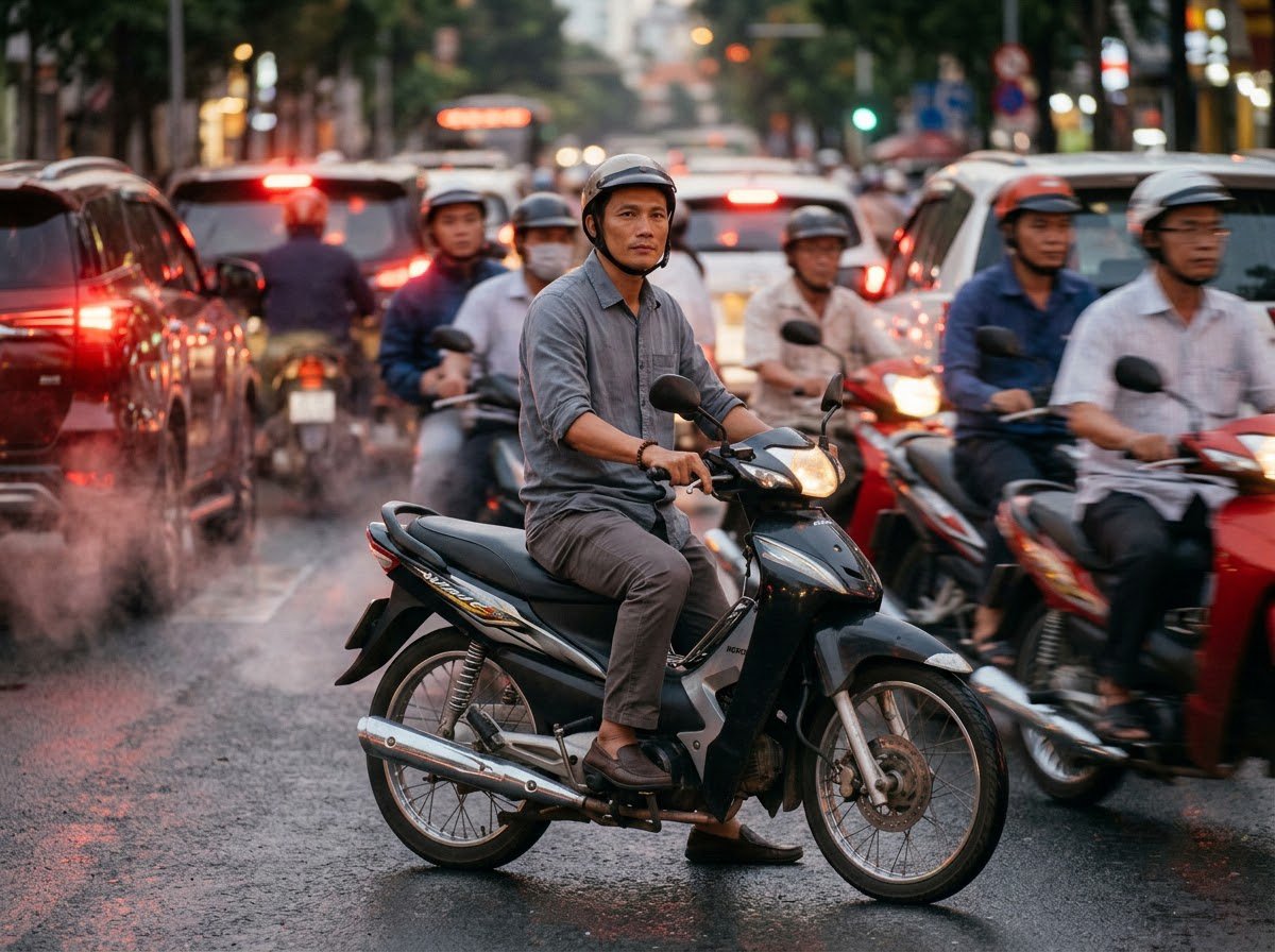 Tại Sao Con Người Khổ Dù Đã Có Đủ Thứ? Hai Mũi Tên Trong Lời Phật Dạy 3 Người đàn ông bình thản giữa cảnh kẹt xe Sài Gòn, mũi tên thứ hai trong Kinh Mũi Tên