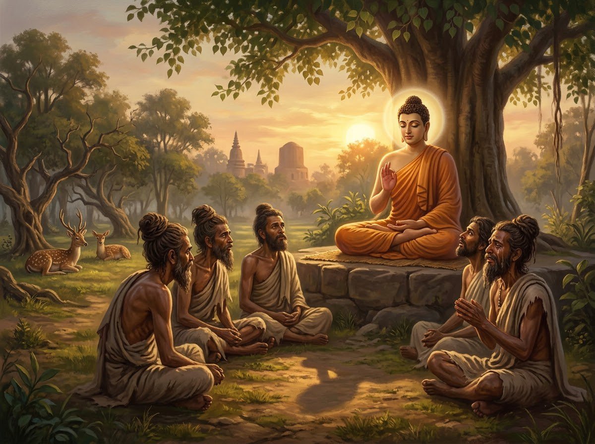 Đức Phật giảng bài pháp đầu tiên cho năm vị tu sĩ tại vườn Lộc Uyển