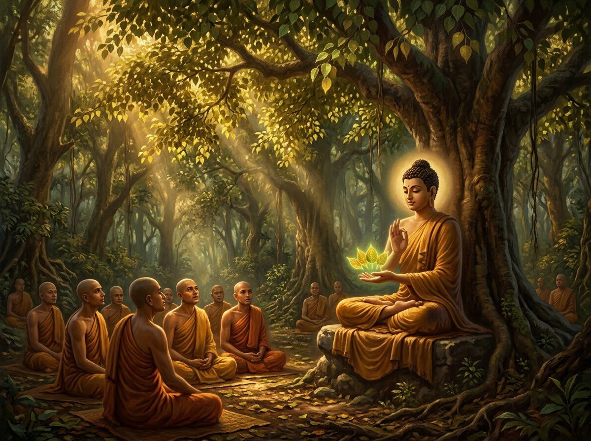 Đức Phật cầm vài chiếc lá simsapa trong tay và chỉ lên khu rừng, Kinh Lá Simsapa về Tứ Diệu Đế