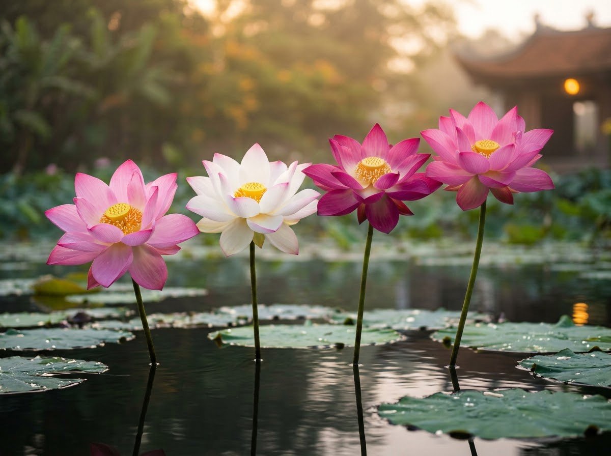 Bốn đóa sen nở rộ trên mặt hồ trước ngôi chùa mờ, bốn sự thật cao quý của Tứ Diệu Đế