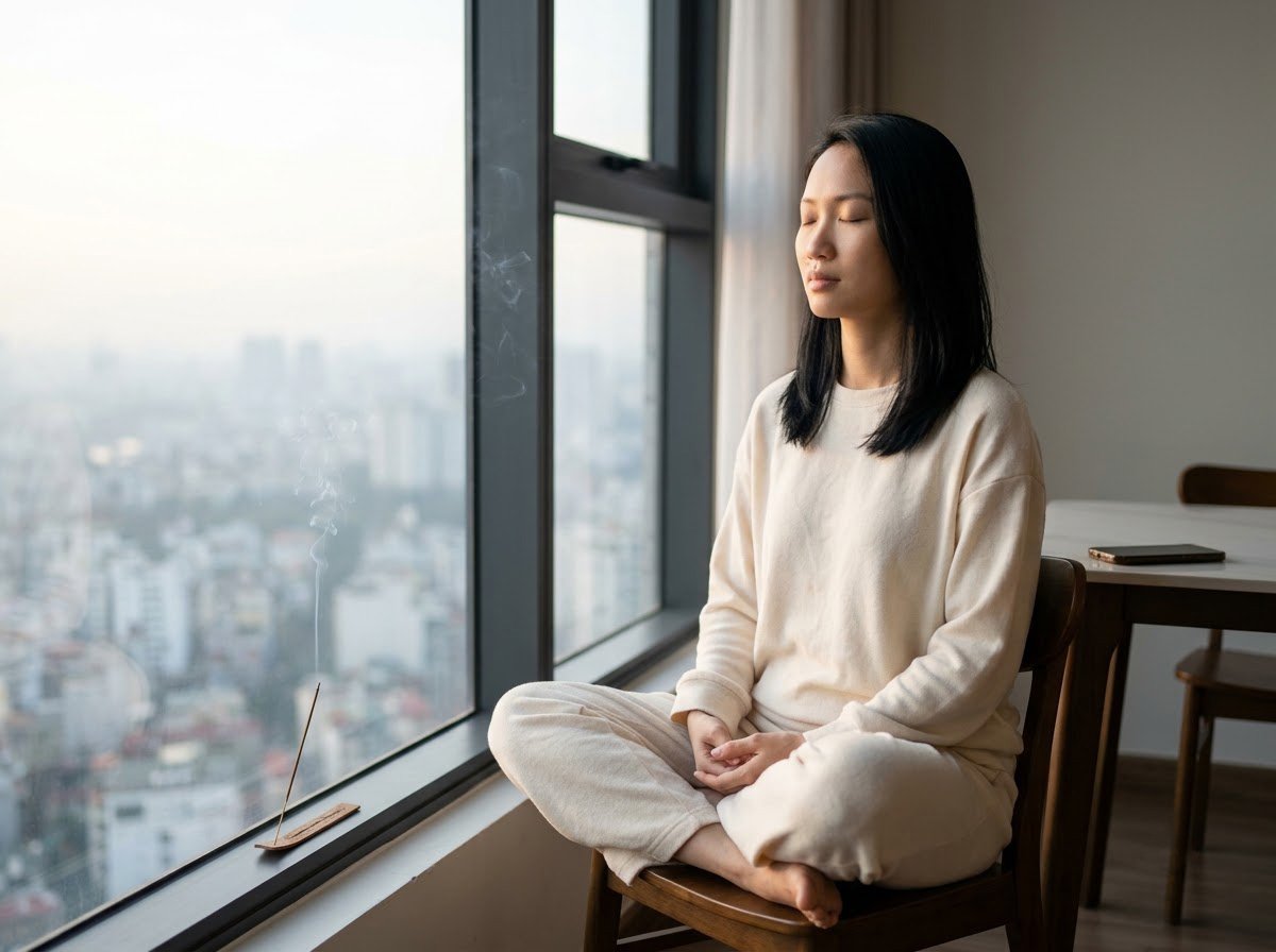 Ngồi Thiền Cho Người Mới Bắt Đầu: 3 Phút Mỗi Sáng Để Tâm Được Dừng Lại 1 Người phụ nữ ngồi thiền ba phút buổi sáng bên cửa sổ, cách ngồi thiền cho người mới bắt đầu