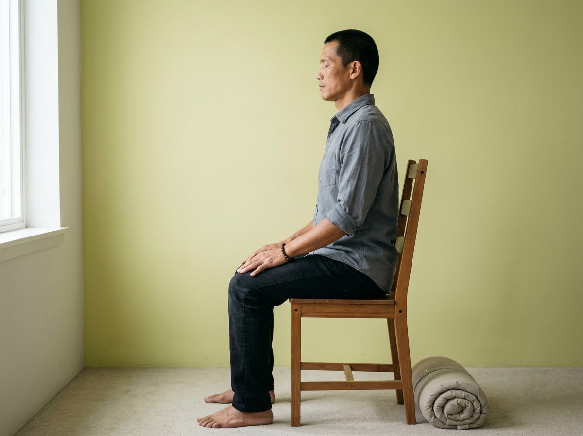 Ngồi Thiền Cho Người Mới Bắt Đầu: 3 Phút Mỗi Sáng Để Tâm Được Dừng Lại 3 Tư thế ngồi thiền trên ghế đúng cách, lưng thẳng tự nhiên, hai bàn chân chạm sàn