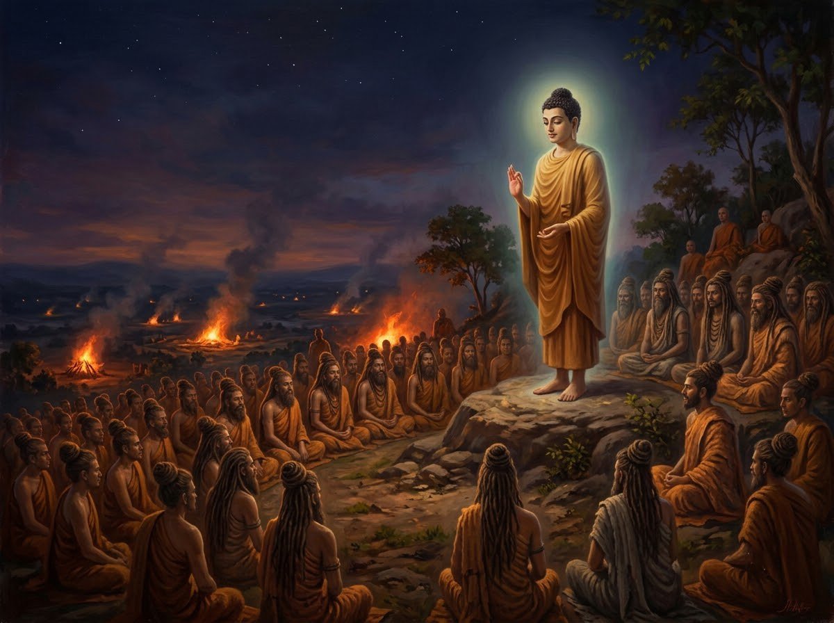 Đức Phật giảng Kinh Lửa trên đồi Gayāsīsa cho một ngàn tu sĩ thờ lửa