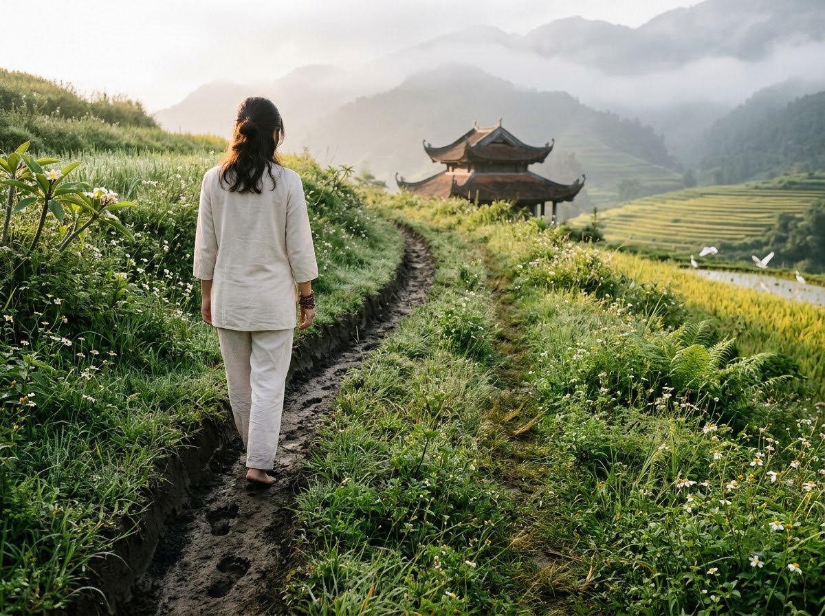 Nghiệp Là Gì? Không Phải Số Phận, Mà Là Hạt Giống Bạn Gieo Mỗi Ngày 2 Người phụ nữ bước trên lối mòn hằn sâu giữa đồi cỏ hướng về mái chùa, thói quen tạo nghiệp