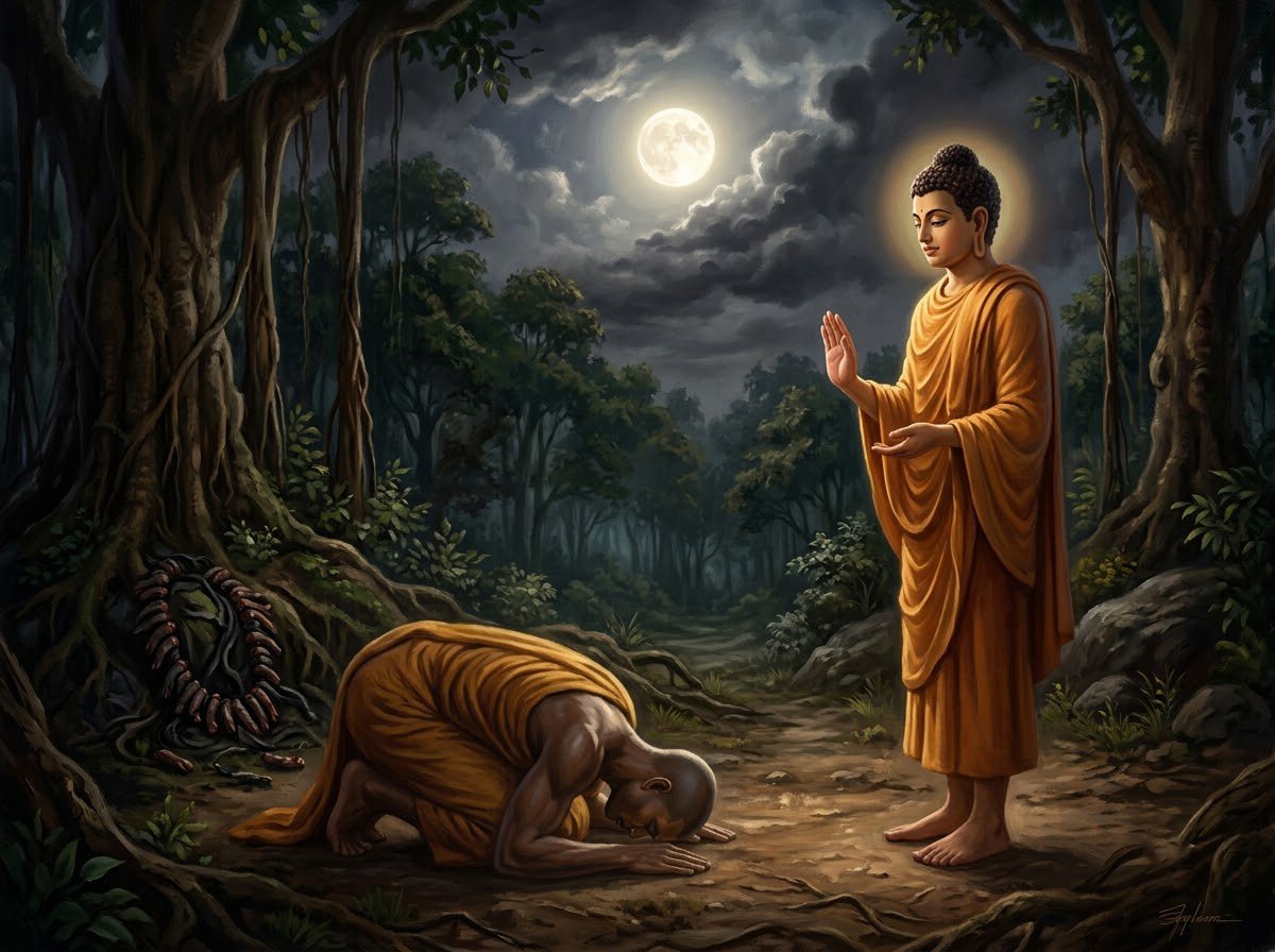 Aṅgulimāla quỳ trước Đức Phật dưới ánh trăng thoát mây, câu kệ Pháp Cú 173